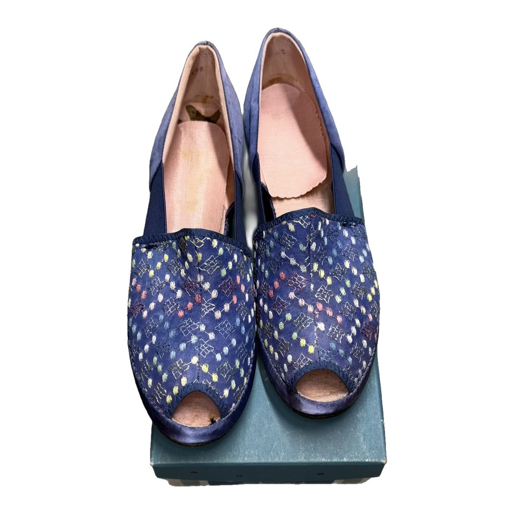 Vintage Navy Satin Peep Toe Wedge Shoes Size 7.5 Brocade
